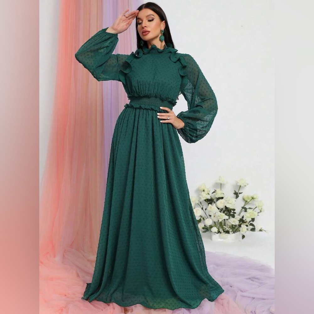 Swiss Dot Ruffle Trim Lantern Sleeve Chiffon Dress in Green